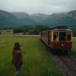 a passenger train is coming down the track and someone is waiting