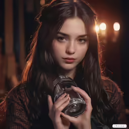 a girl in a brown sweater is holding a bottle