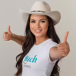 the smiling girl shows her thumbs up with an open - mouthed, white shirt on