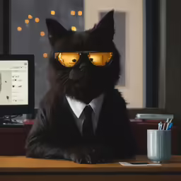 a black cat wearing yellow goggles and a suit is sitting at a desk in front of a computer