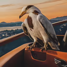 a brown and white bird perched on a wooden bench
