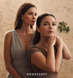 two women in short brown dresses posing for a picture
