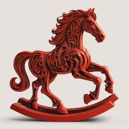 the red horse is sitting on the stand