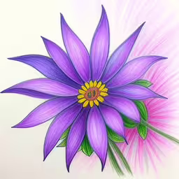 this is an image of a purple flower,purple and yellow flower is shown in this drawing,this is a picture of a purple flower on a white background,a drawing of a purple flower with green leaves,a purple flower is shown in this drawing
