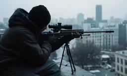 a person on a balcony with a rifle