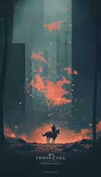a poster of an animated character on horseback with a forest fire