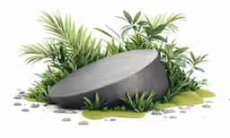 a small green grass filled area with a cement object