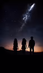 two girls standing under the stars looking up at a milky