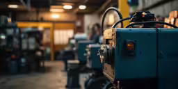a machine is moving through a warehouse filled with equipment