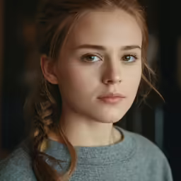 a woman with a braid and big blue eyes