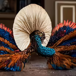 a colorful, artisticly decorated turkey with large fan