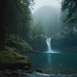 a small waterfall in the middle of a forest