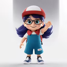 a little girl with glasses standing in front of a white background