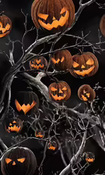 a tree that has some pumpkins on it