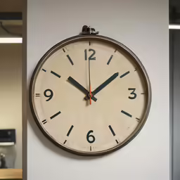 the clock is hanging on the wall in the room