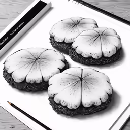 three pastries with a black and white image of two halves cut in half