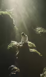 a man sitting on a rock alone in the woods