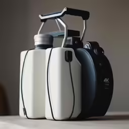 three black and white flasks with two silver lids
