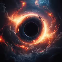 a painting of a black hole surrounded by orange clouds