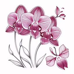 some pink flowers are in the grass,an orchid drawing in ink on a white background,the beautiful flower drawing has a pink hue,pink orchid flowers and buds on a white background,an orchid flower in pink and white