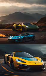 two different color sports cars side by side,two different pictures of a sports car