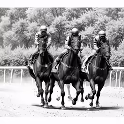 the people are riding horses through the dirt