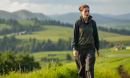 a woman is walking on a trail near some hills