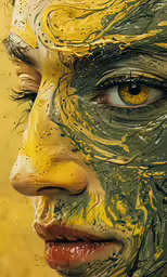 woman with yellow hair and make - up face painted with yellow and green