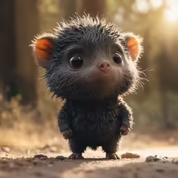 a small creature on a dirt path looking into the camera