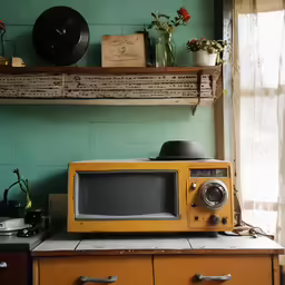 the microwave is sitting on a counter top