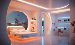 a futuristic bedroom with a view of the desert