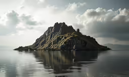 the island is in the middle of the water and cloudy sky