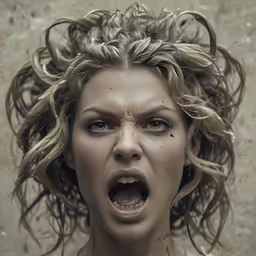 a woman is wearing weird hair and a messy top