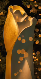 a sculpture in the middle of a park with a lot of lights