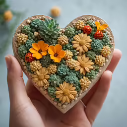 a hand holding a heart shape planter with flowers in it
