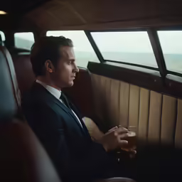 man in suit sitting inside of vehicle drinking from glass