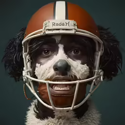 a dog dressed in a football uniform with a helmet on