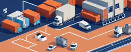 a group of semi trucks parked in front of some buildings,many large trucks parked in front of orange shipping containers