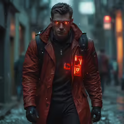 a man wearing red glowing eyes and leather jacket in the city