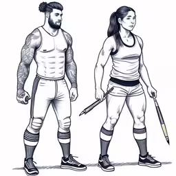 a couple of people standing next to each other in baseball uniforms,a male and female athlete in uniforms with knee pads,the wrestler and woman standing in their boxers and underwear,some graphic art of the same person as one,two people wearing different sports wear standing next to each other