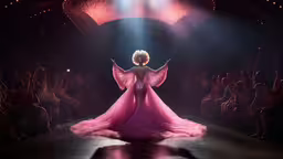 a woman in a pink dress looks into the distance at a stage full of people,a female performer with angel wings on a runway