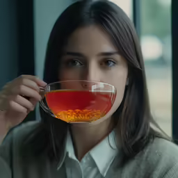 a woman drinks tea with a spoon from a glass cup