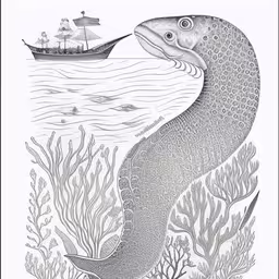 drawing of a fish and a boat in the ocean