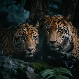 two large tigers sitting next to each other near green leaves