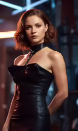 the beautiful woman poses in a black dress