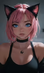 a girl with pink hair and blue eyes wearing cats ears