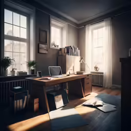 a room with hard wood floors, a wooden desk and several windows with sunny sunlight