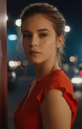 a young woman stands in front of a car at night