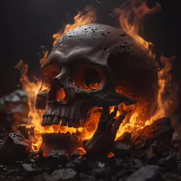 a skull with a knife sitting on top of some rocks