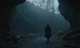 a person in a dark forest and light streaming through the cave